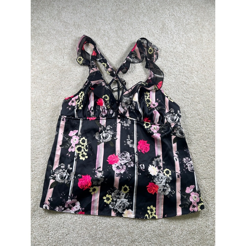 Victoria Secret Size L Black Striped Rose Floral Babydoll Cami Top‎ Ruffle
